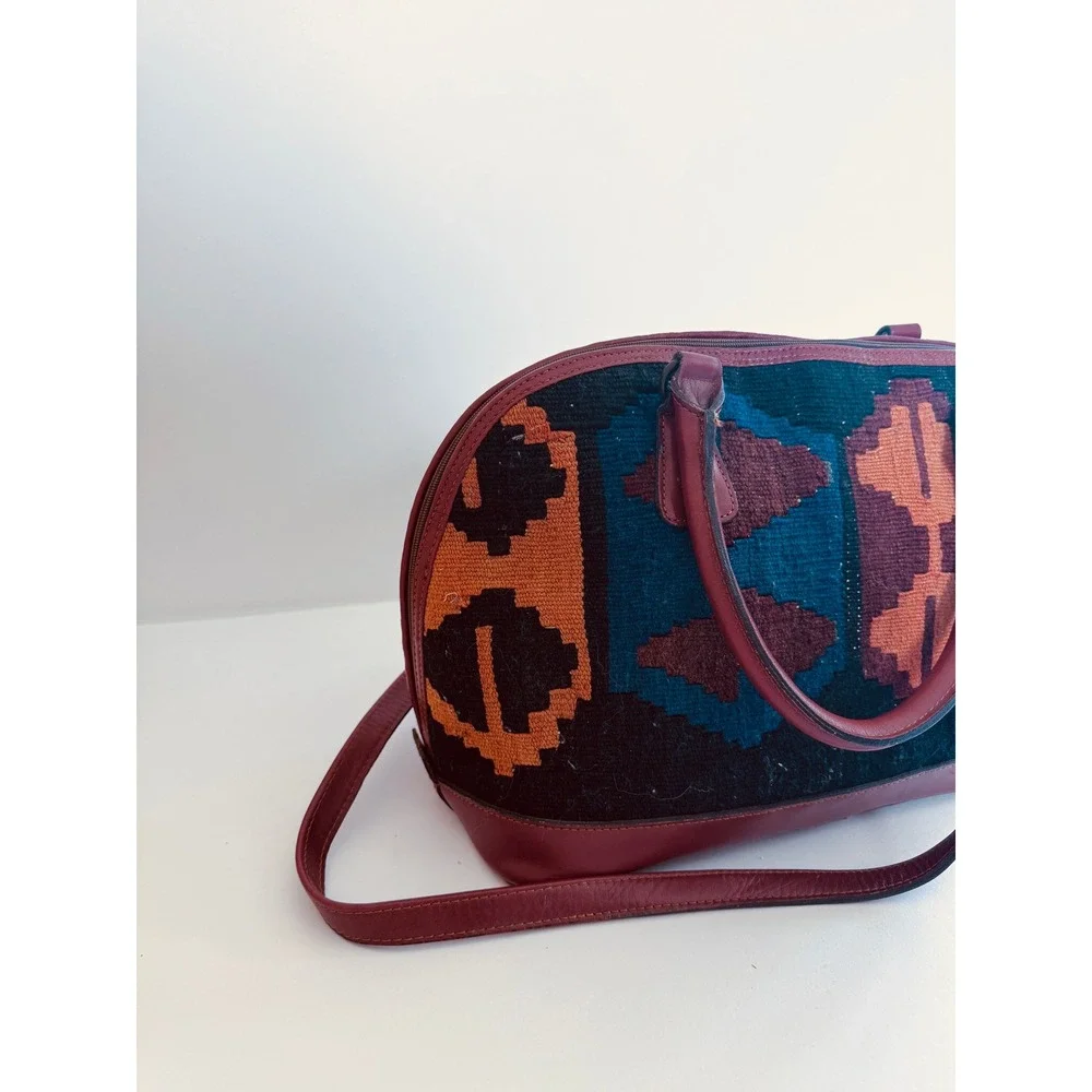 Kilim Rug Leather Satchel Crossbody Bag Boho Southwestern Tribal Purse